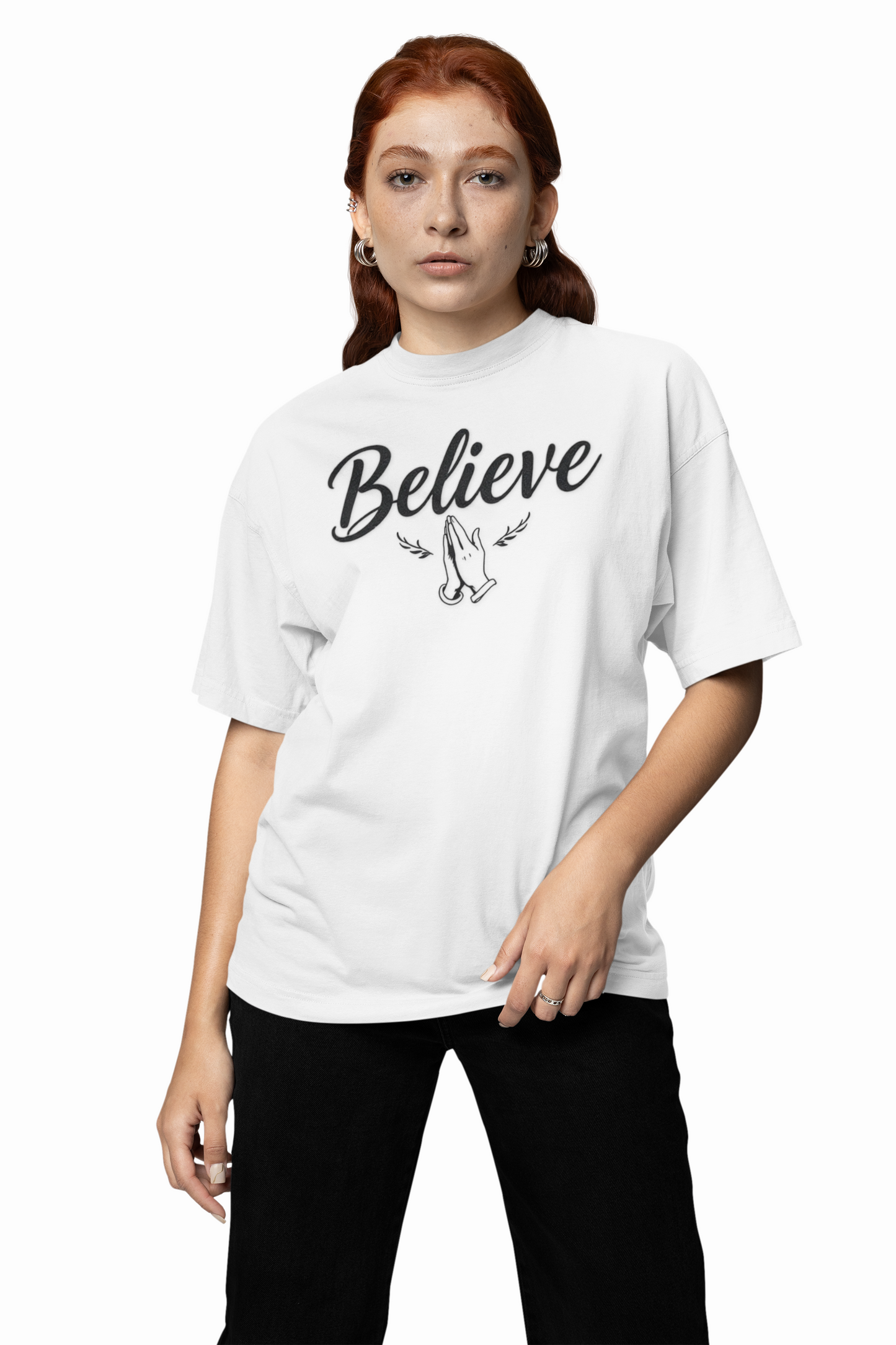 Believe – Women’s Christian Tee with Praying Hands & Romans 10:9