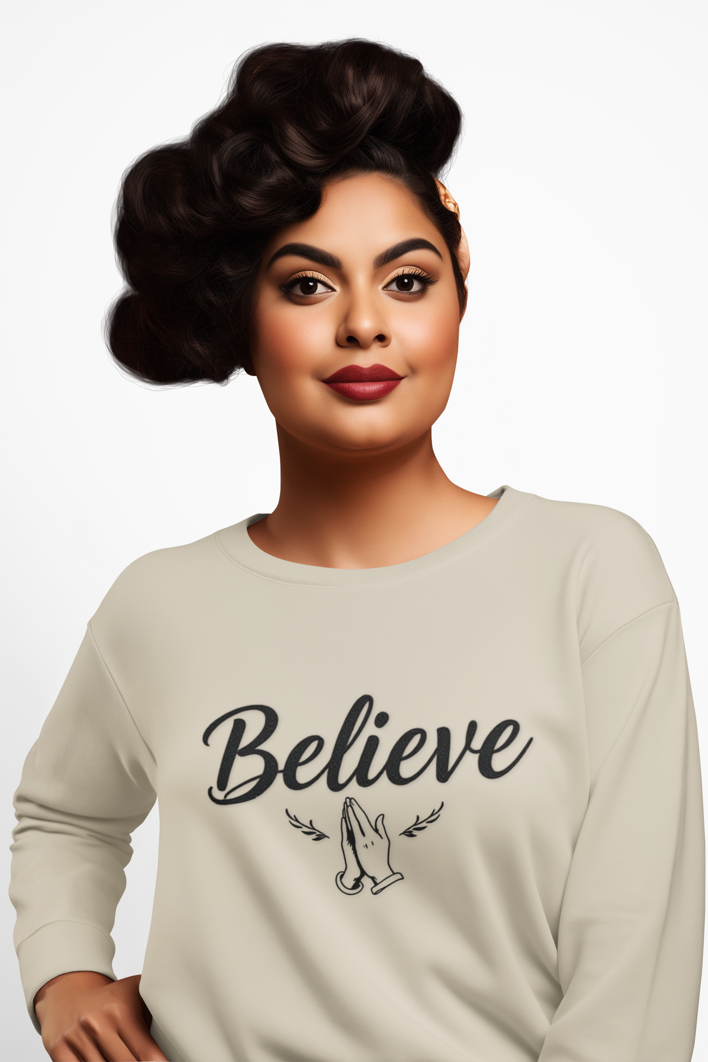 Women’s Believe Christian Sweatshirt – Praying Hands & Romans 10:9