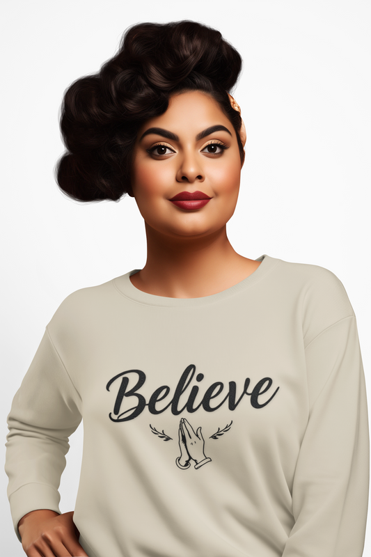 Women’s Believe Christian Sweatshirt – Praying Hands & Romans 10:9