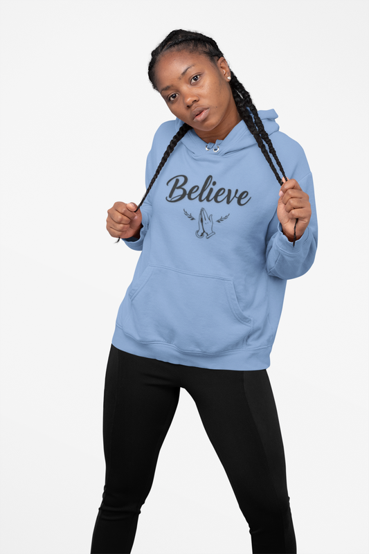 Women’s Believe Christian Hoodie – Praying Hands & Romans 10:9