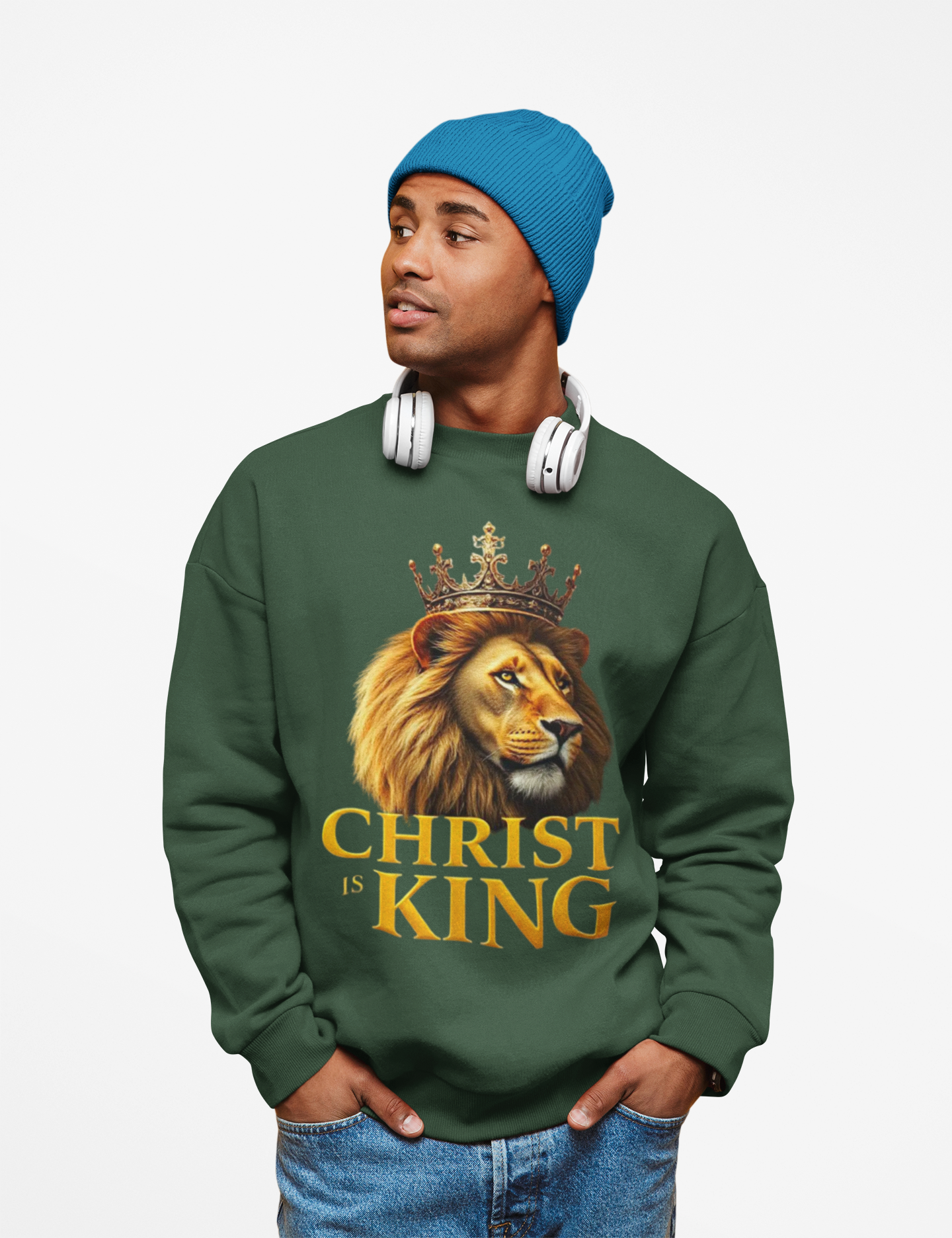 Christ is King – Men’s Christian Sweatshirt with Crowned Lion & Cross