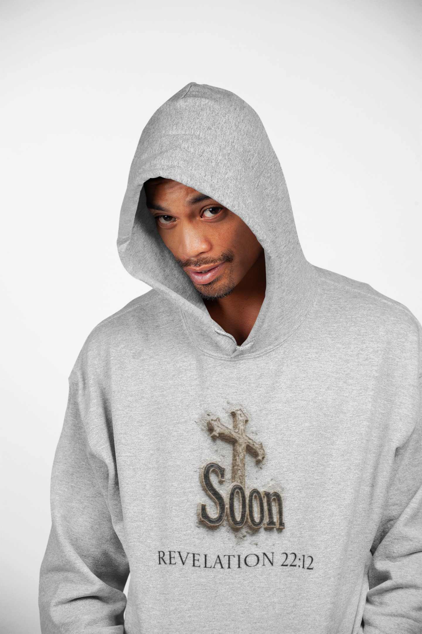 Soon: Revelation 22:12 Cross Hoodie – Men’s Christian Faithwear (Dark Lettering)