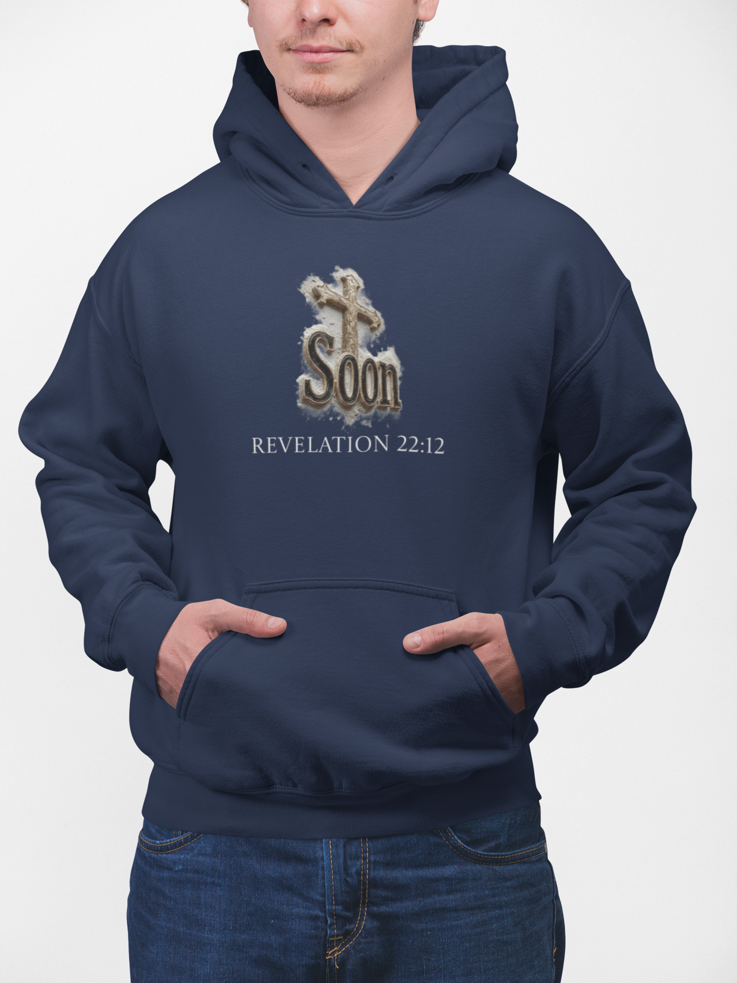 Soon: Revelation 22:12 Cross Hoodie – Men’s Christian Faithwear (White Lettering)