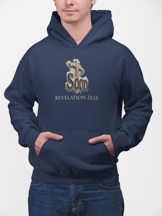 Soon: Revelation 22:12 Cross Hoodie – Men’s Christian Faithwear (White Lettering)