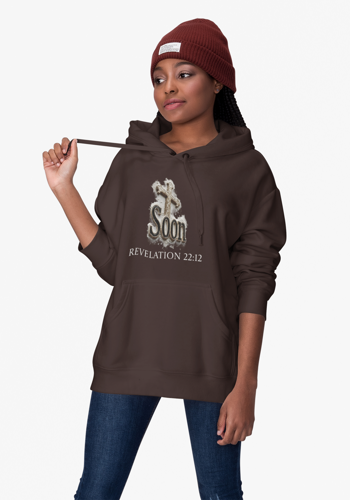 Christian Women’s Hoodie – Soon Cross Hoodie with Revelation 22:12 (White Lettering)