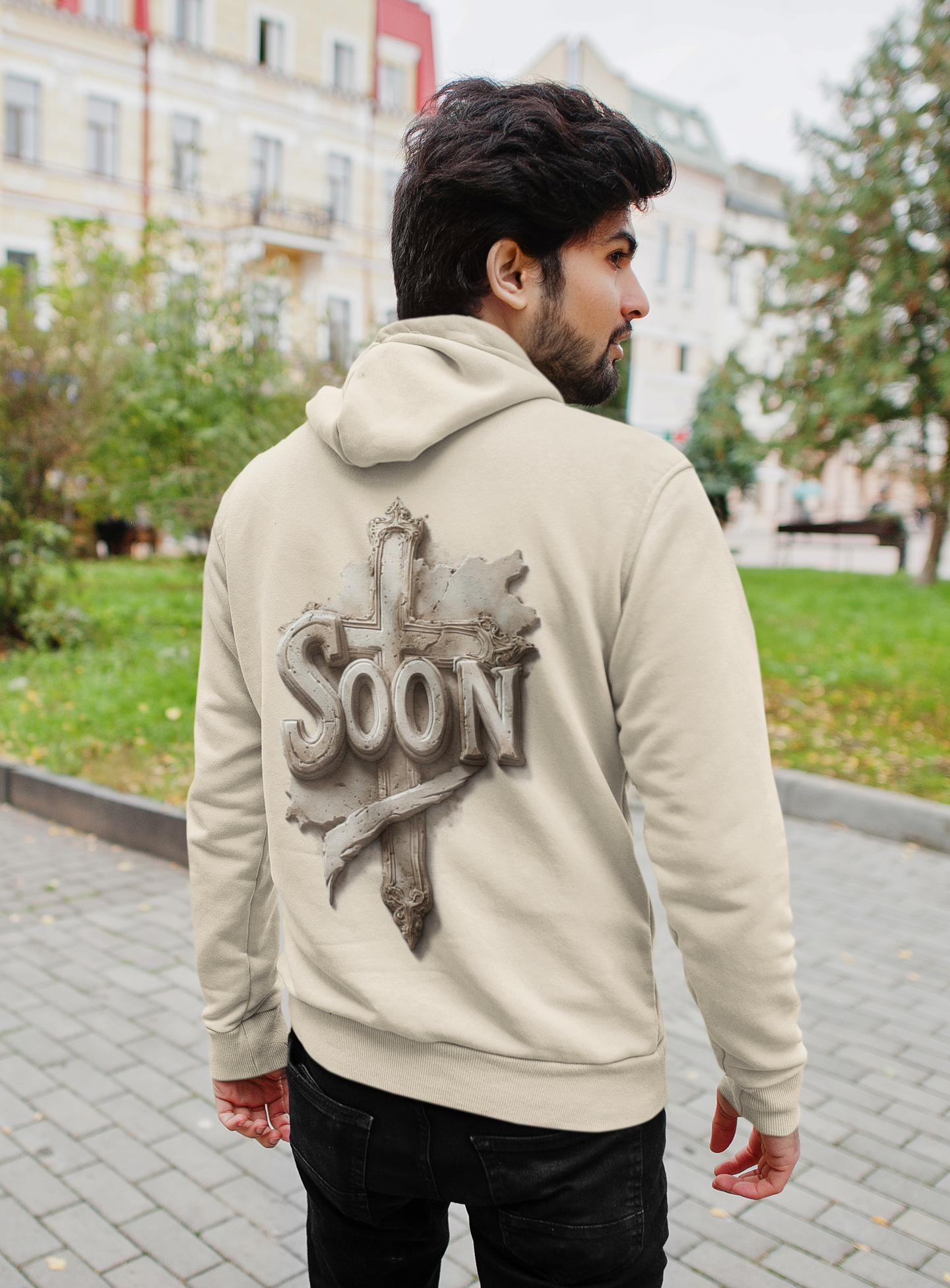 “Soon” Cross Men’s Hoodie – Back Print Faith Statement