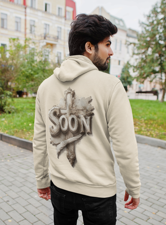 “Soon” Cross Men’s Hoodie – Back Print Faith Statement