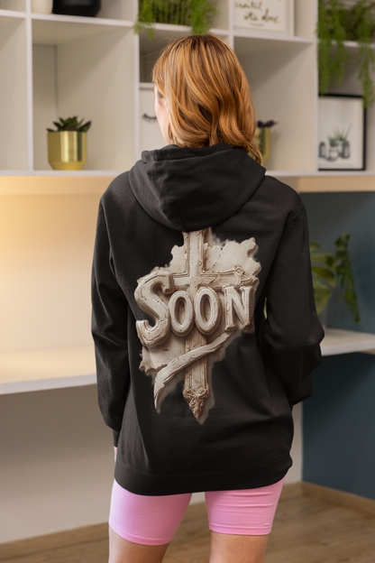 “Soon” Cross Women’s Hoodie – Back Print Christian Declaration