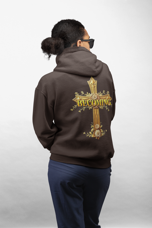 Becoming Women’s Faith Hoodie – Gold Cross Edition (1 Corinthians 15:49)