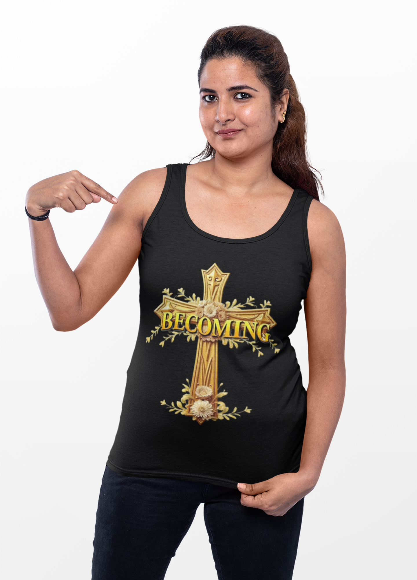 Becoming Women’s Tank Top – Gold Cross Edition (1 Corinthians 15:49
