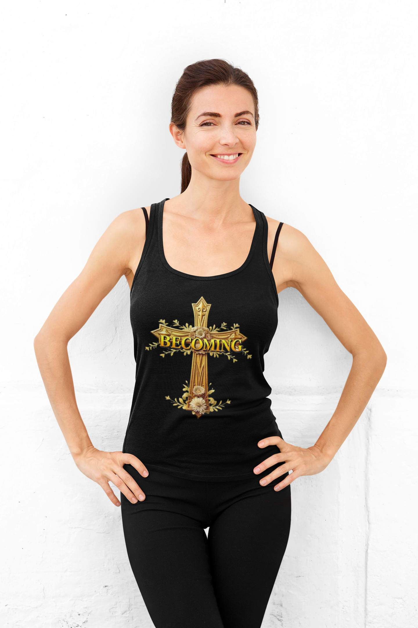 Becoming Women’s Racerback Tank – Gold Cross Edition (1 Corinthians 15:49)
