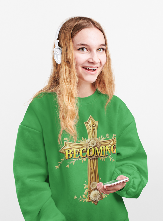 Becoming Women’s Faith Sweatshirt – Dark Lettering (1 Corinthians 15:49)