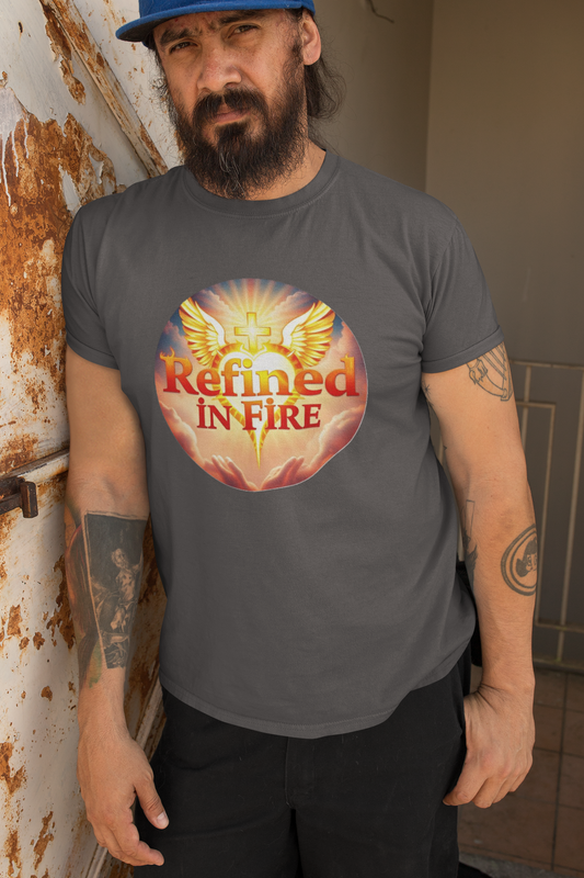 Men’s “Refined in Fire” Christian T-Shirt – Bold Flame Design Faith Tee