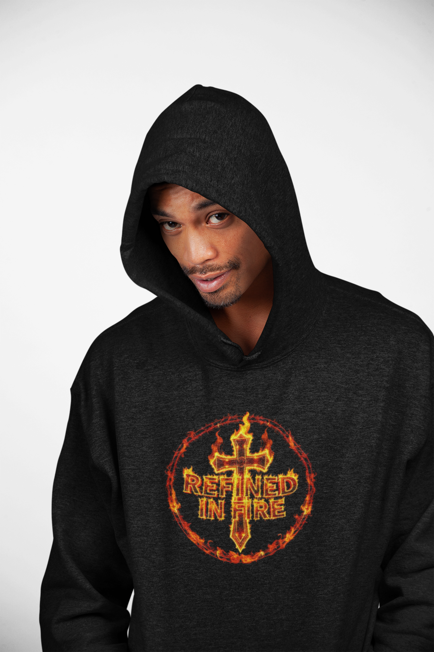 Men’s “Refined in Fire” Christian Hoodie – Flame Design Faith Pullover