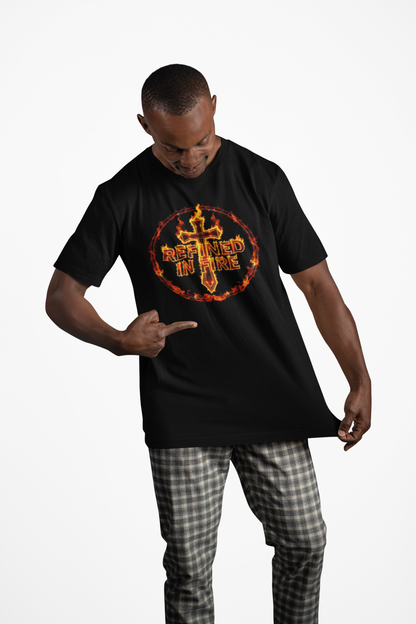 Men’s “Refined in Fire” Christian T-Shirt – Flame Text Spiritual Strength Tee