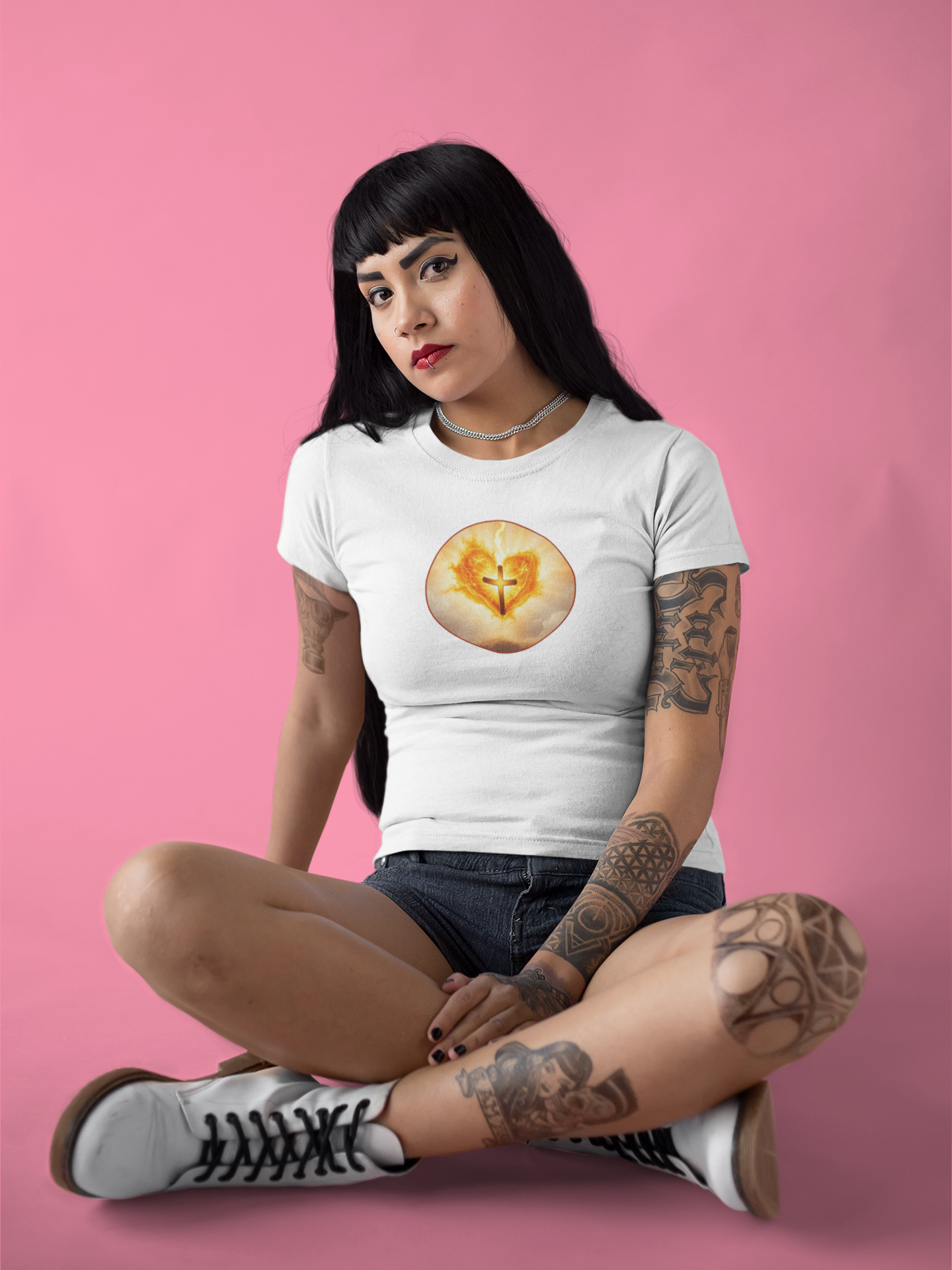 Women’s Sacred Heart Christian Tee – Flaming Heart & Cross – Everyday Faith T-Shirt
