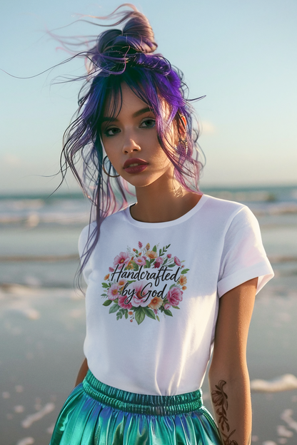 Women’s Christian T-Shirt – Handcrafted by God Floral Design – Everyday Faith Tee