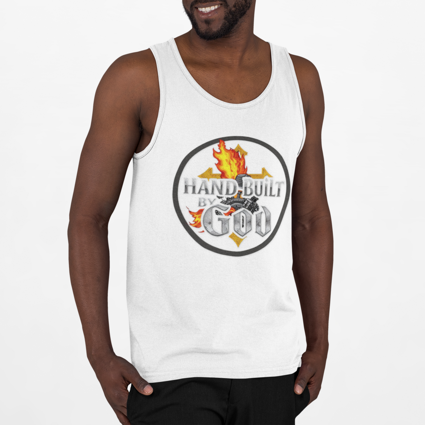 Men’s Christian Tank Top – Hand Built By God – Fire, Cross & Engine Design