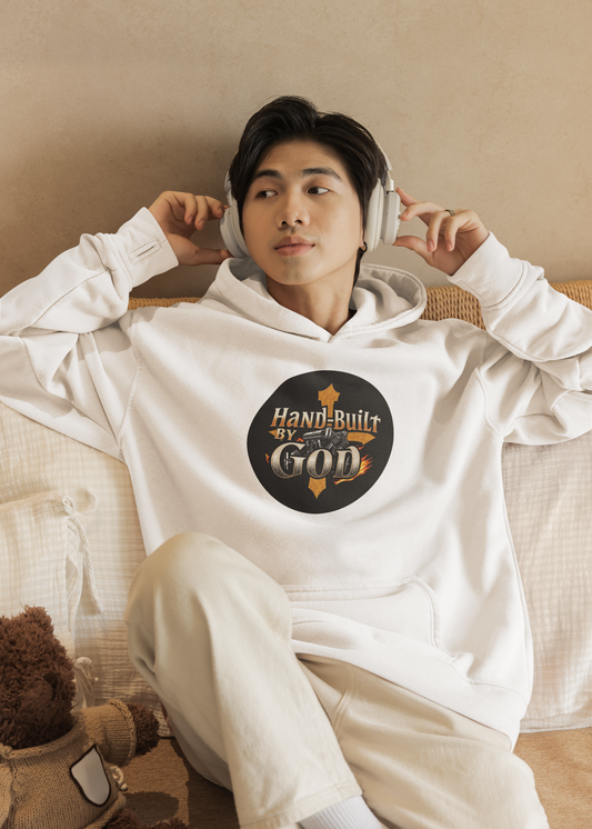 Hand Built by God Men’s Christian Hoodie – Cross & Engine Design