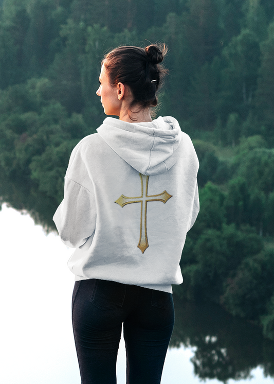 Women’s Gold Cross Hoodie – Christian Faith Hoodie with Front & Back Design