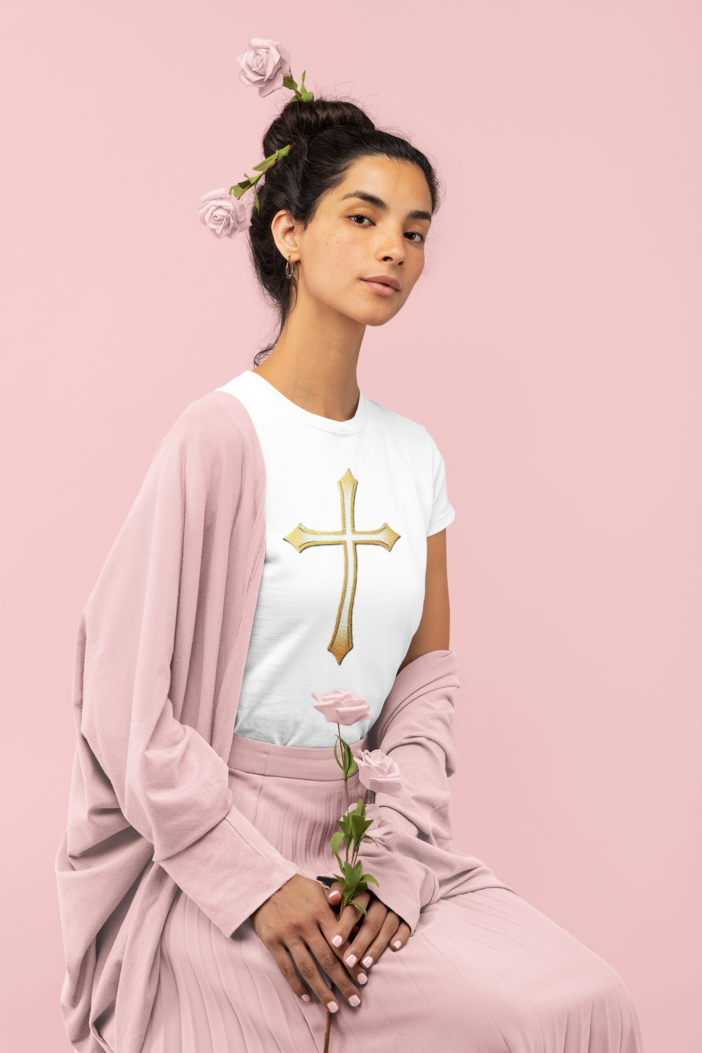 Women’s Gold Cross Tee – Christian Faith Shirt with Bold Cross Design