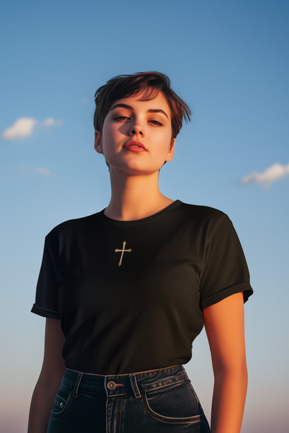Women’s Gold Cross Pendant-Style Favorite Tee – Elegant Christian Faith Shirt