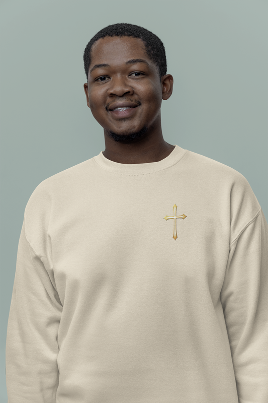Men’s Elegance w/ Gold Cross Sweatshirt – Subtle Christian Faith Apparel