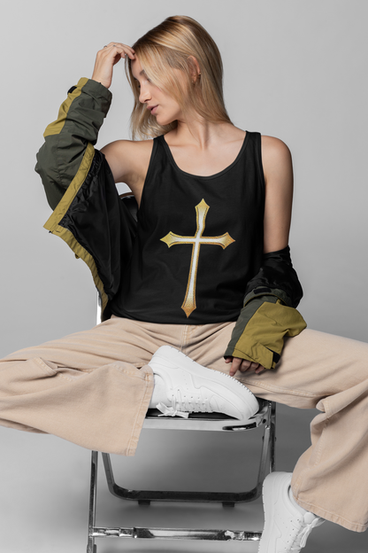 Women’s Gold Cross Tank Top – Christian Faith Apparel with Elegant Cross