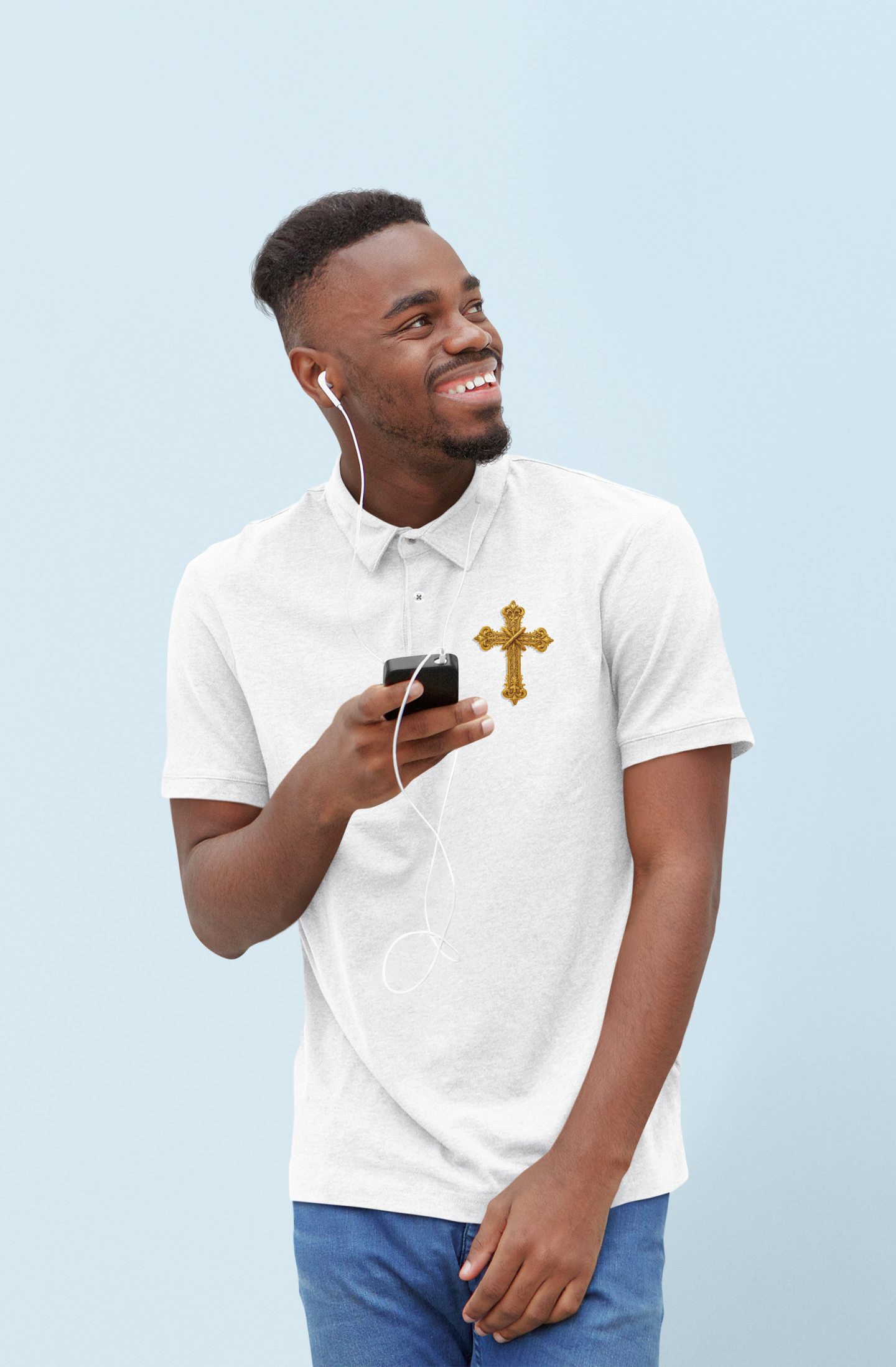 Men’s Ornate Gold Cross Polo Shirt – Elegant Christian Style