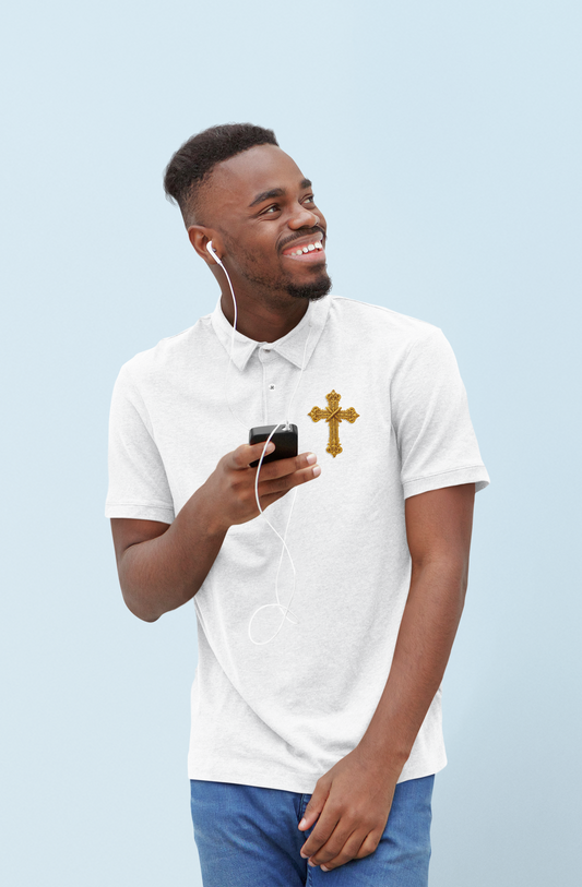 Men’s Ornate Gold Cross Polo Shirt – Elegant Christian Style