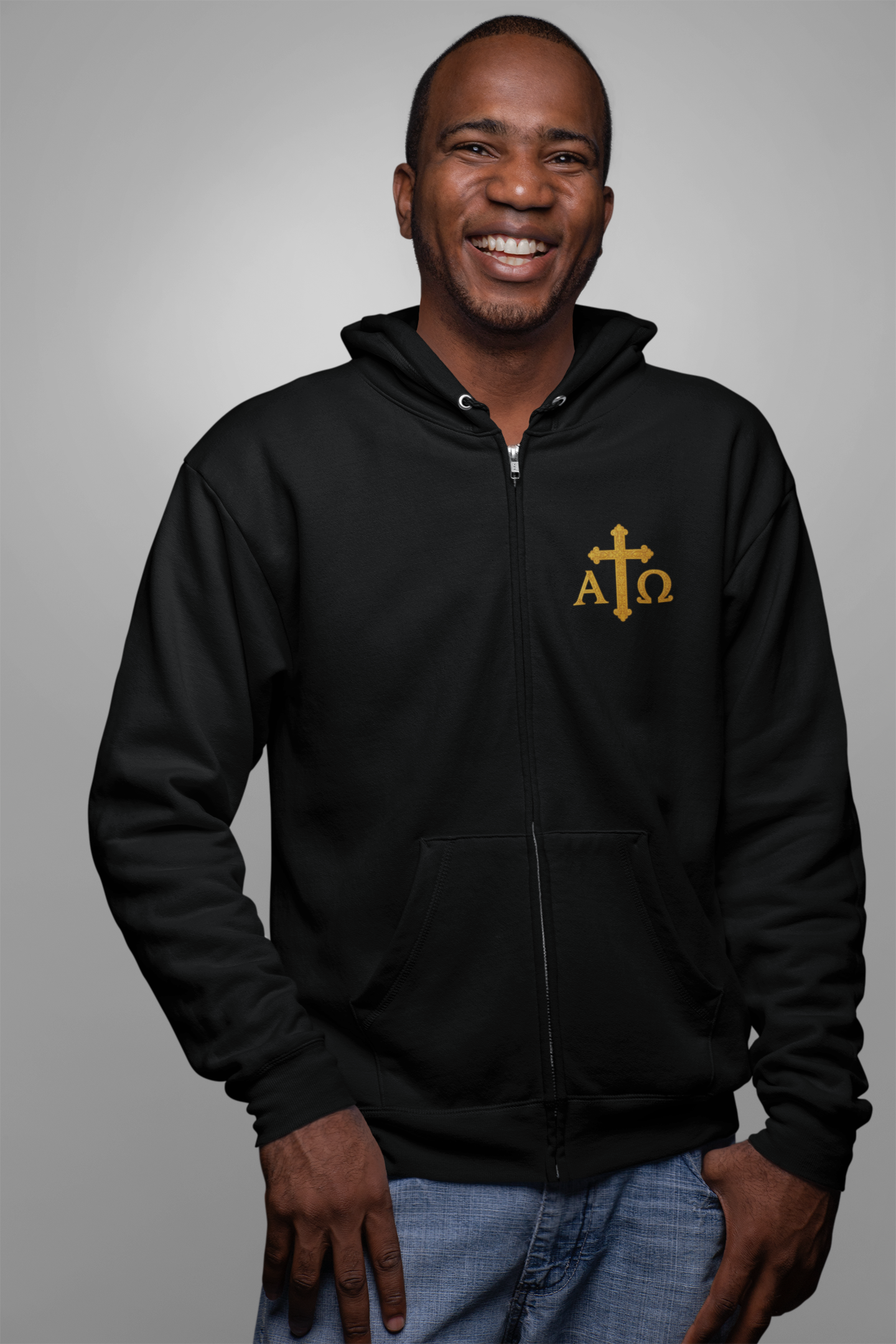Men’s Alpha & Omega Zip-Up Hoodie – Spiritual Strength & Comfort