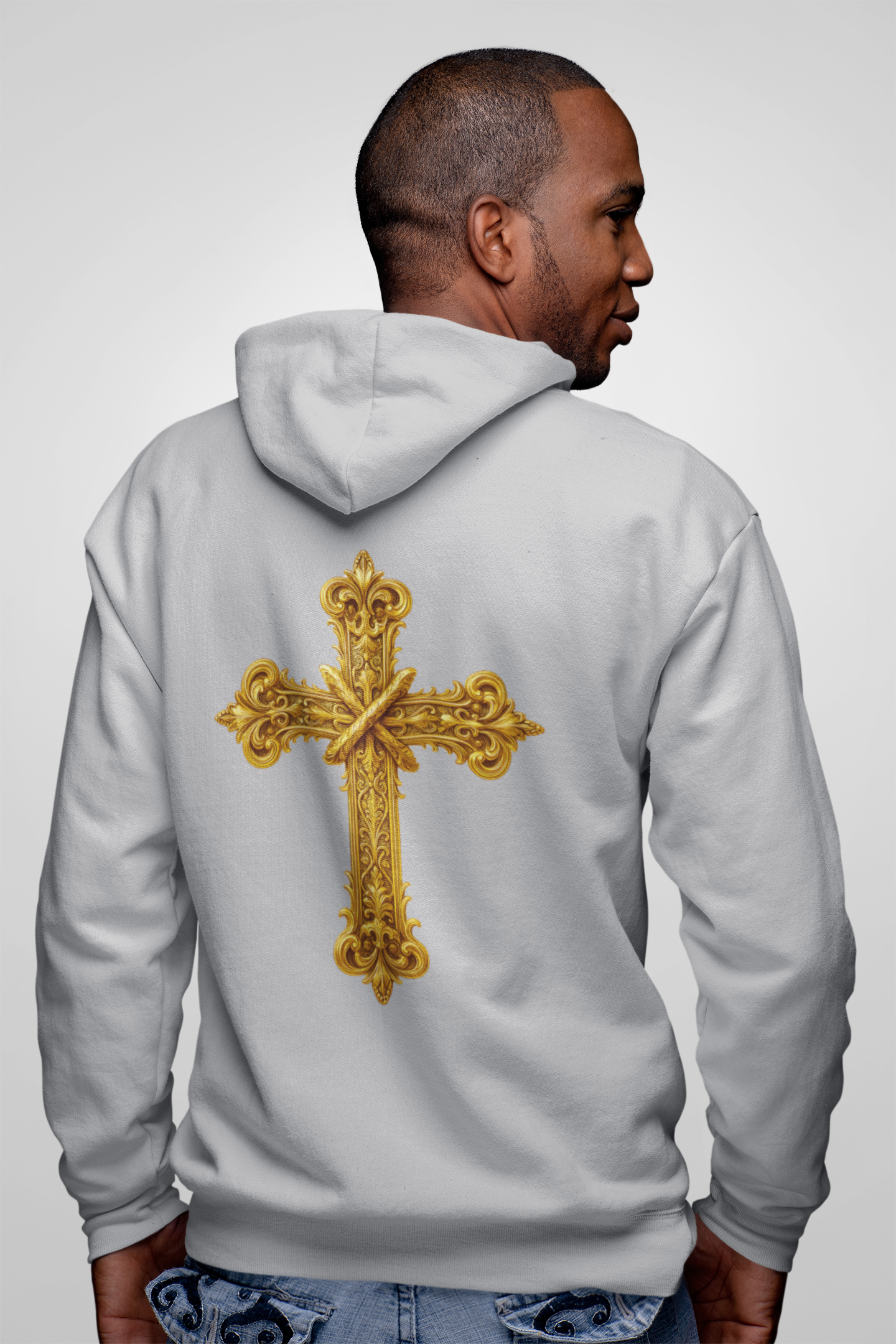 Men’s Ornate Gold Cross Zip-Up Hoodie – Spiritual Elegance & Comfort