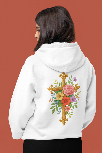 Blooming Faith Women's Zip-Up Hoodie with Floral Cross Design