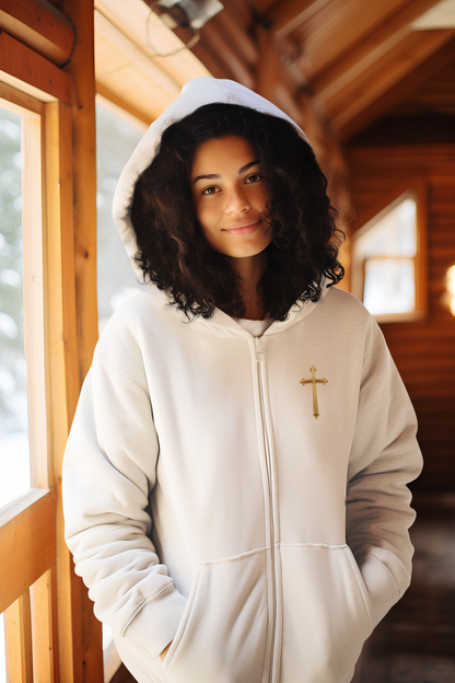 Golden Grace Women's Zip-Up Hoodie with Gold Cross Design