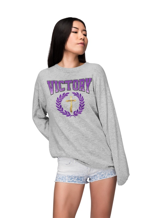 Victory Women’s Sweatshirt – Bold Purple Logo, Faith in Comfort