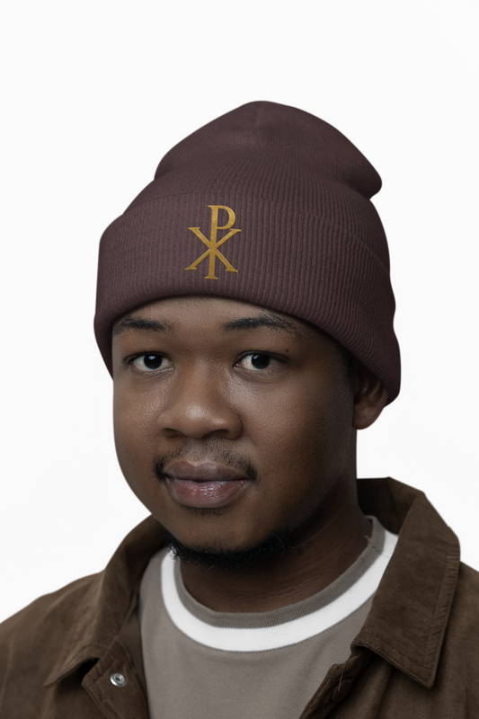 Radiant Faith Cuffed Beanie – Gold Chi Rho Embroidery