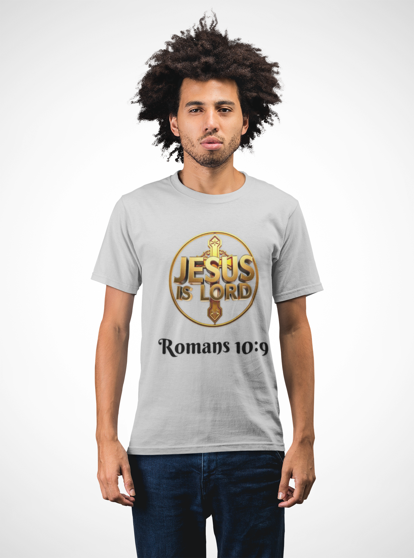 Men’s Romans 10:9 Christian T-Shirt – Jesus Is Lord & He Is Risen (Dark Lettering)