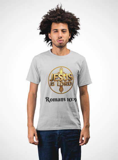 Men’s Romans 10:9 Christian T-Shirt – Jesus Is Lord & He Is Risen (Dark Lettering)