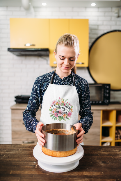 Handcrafted by God Floral Apron — Inspirational Kitchen Apron for Christian Crafters & Bakers