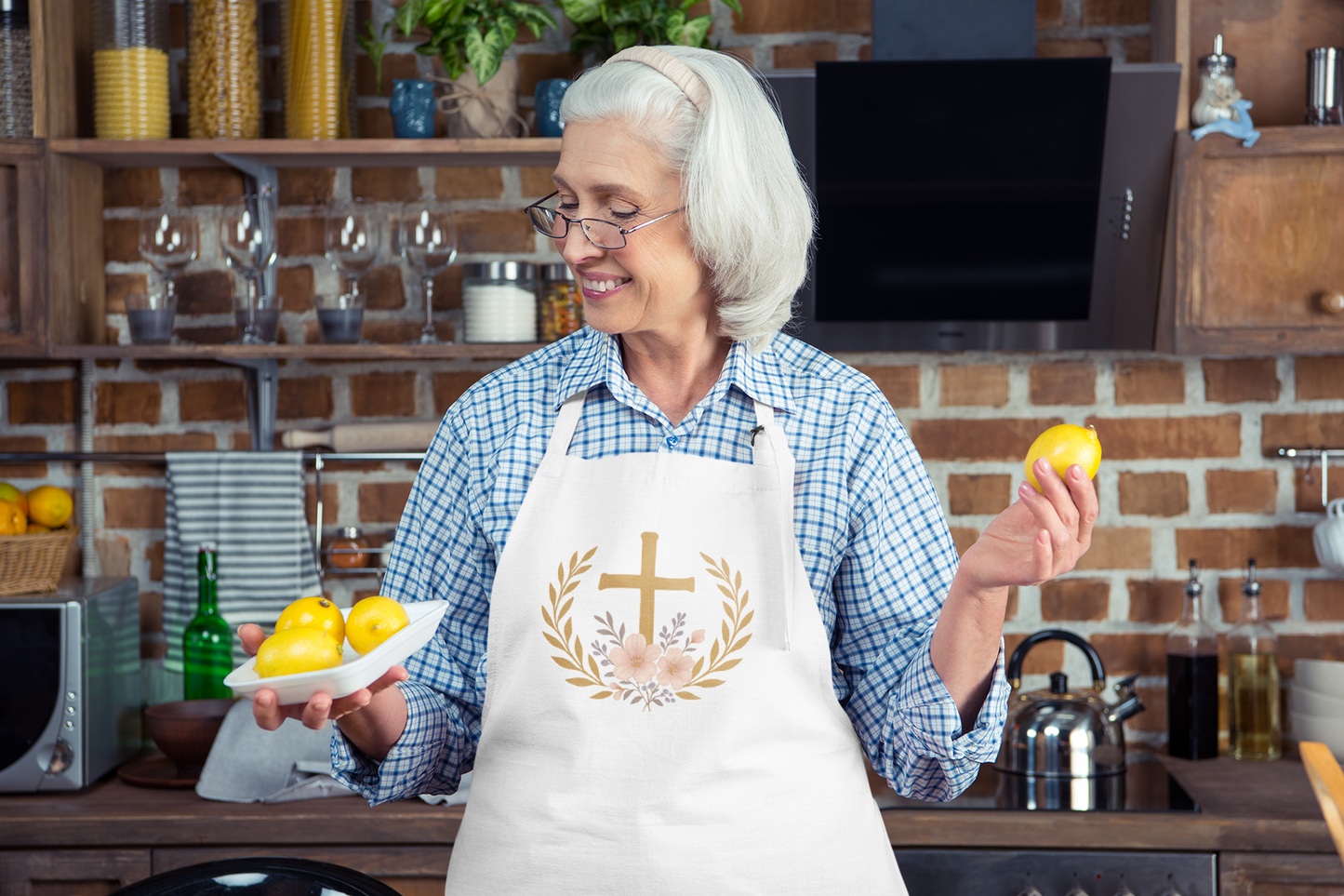 Victory in Christ Gold Cross Christian Kitchen Apron – Faith & Inspiration