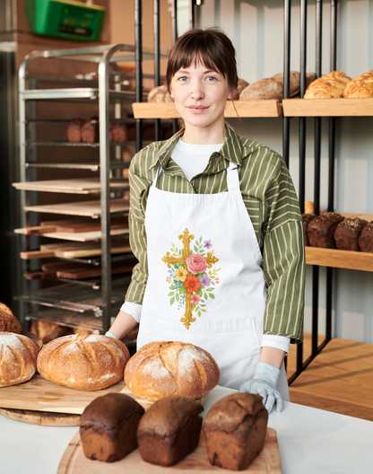 Floral Cross Christian Kitchen Apron – Faith & Beauty in Every Meal