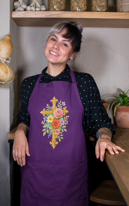 Floral Cross Christian Kitchen Apron in Purple – Faith & Beauty in Every Meal