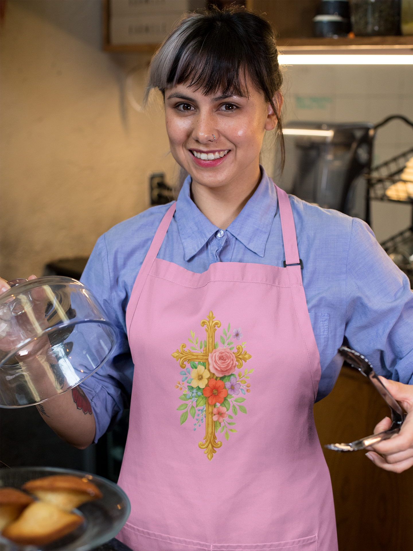 Floral Cross Christian Kitchen Apron in Pink – Faith & Beauty in Every Meal