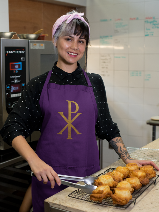Gold Chi Rho Christian Kitchen Apron in Purple – Faith & Light in Every Meal