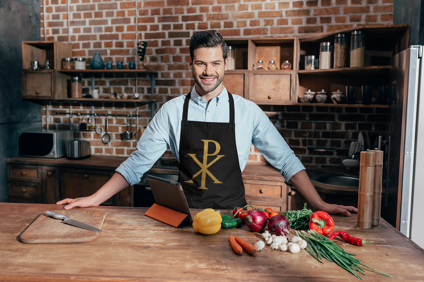 Gold Chi Rho Christian Kitchen Apron in Black – Faith & Light in Every Meal