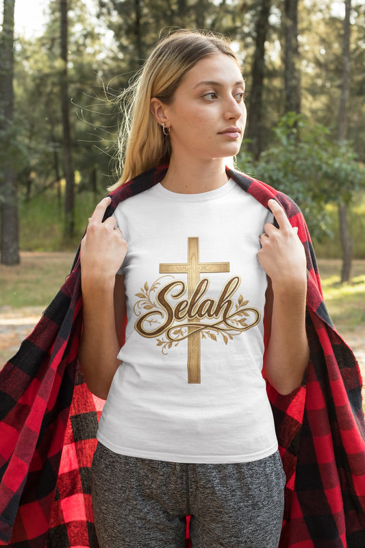 Selah Cross Tee — Women's Christian T‑Shirt with Gold Script