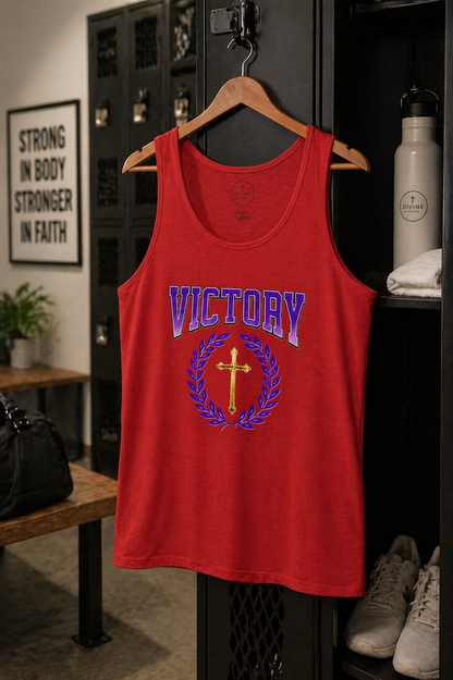 Red tank top with 'Victory' and cross design hanging on a hook in a locker room.