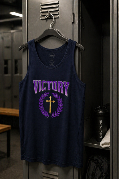 Navy tank top with 'Victory' and cross design hanging on a locker.