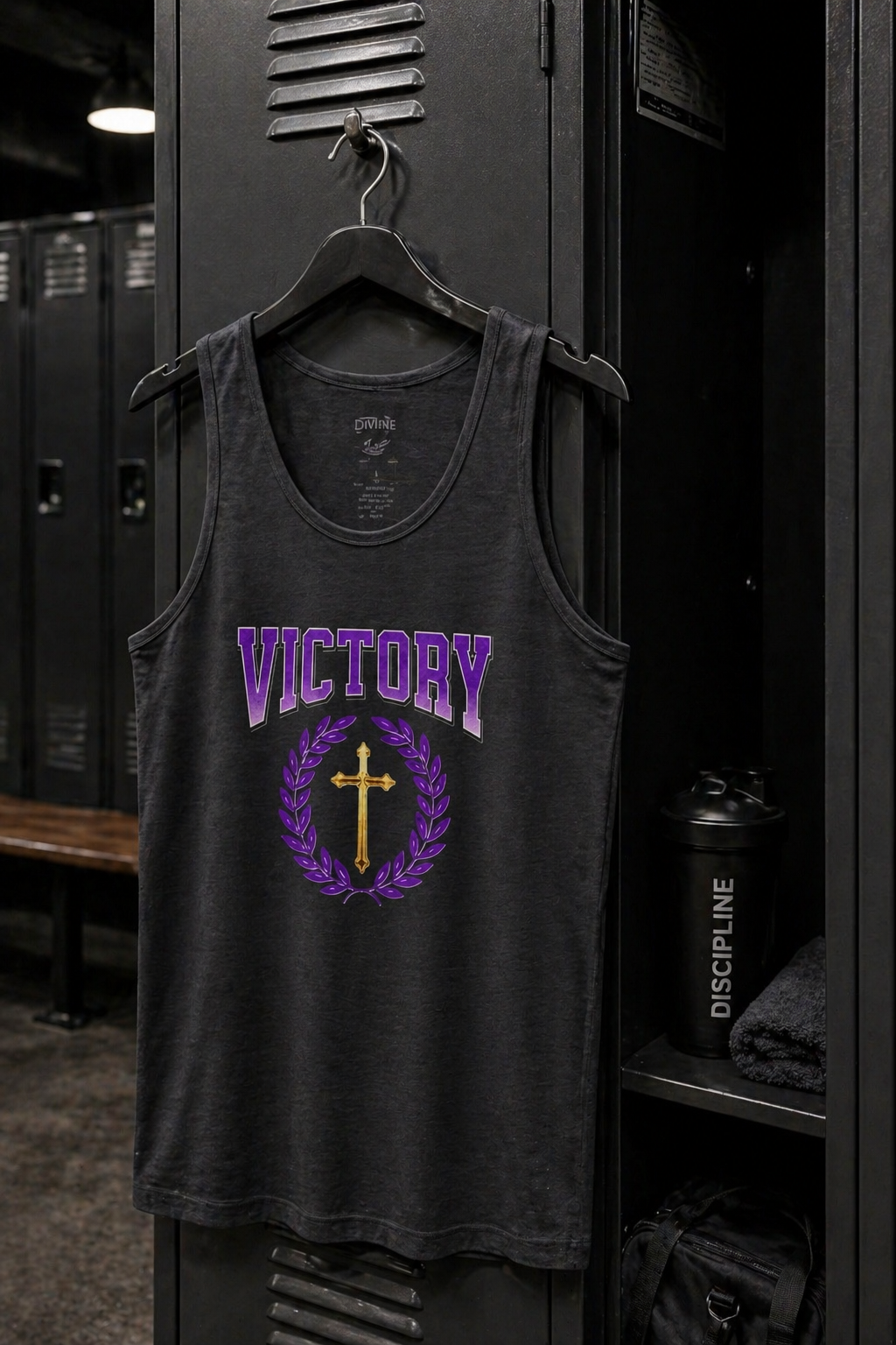 Black tank top with 'Victory' and cross design hanging in a locker room.