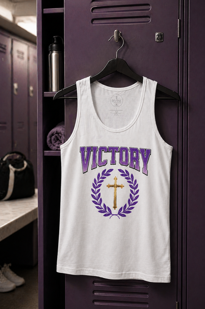 White tank top with 'VICTORY' and cross design hanging on a locker.